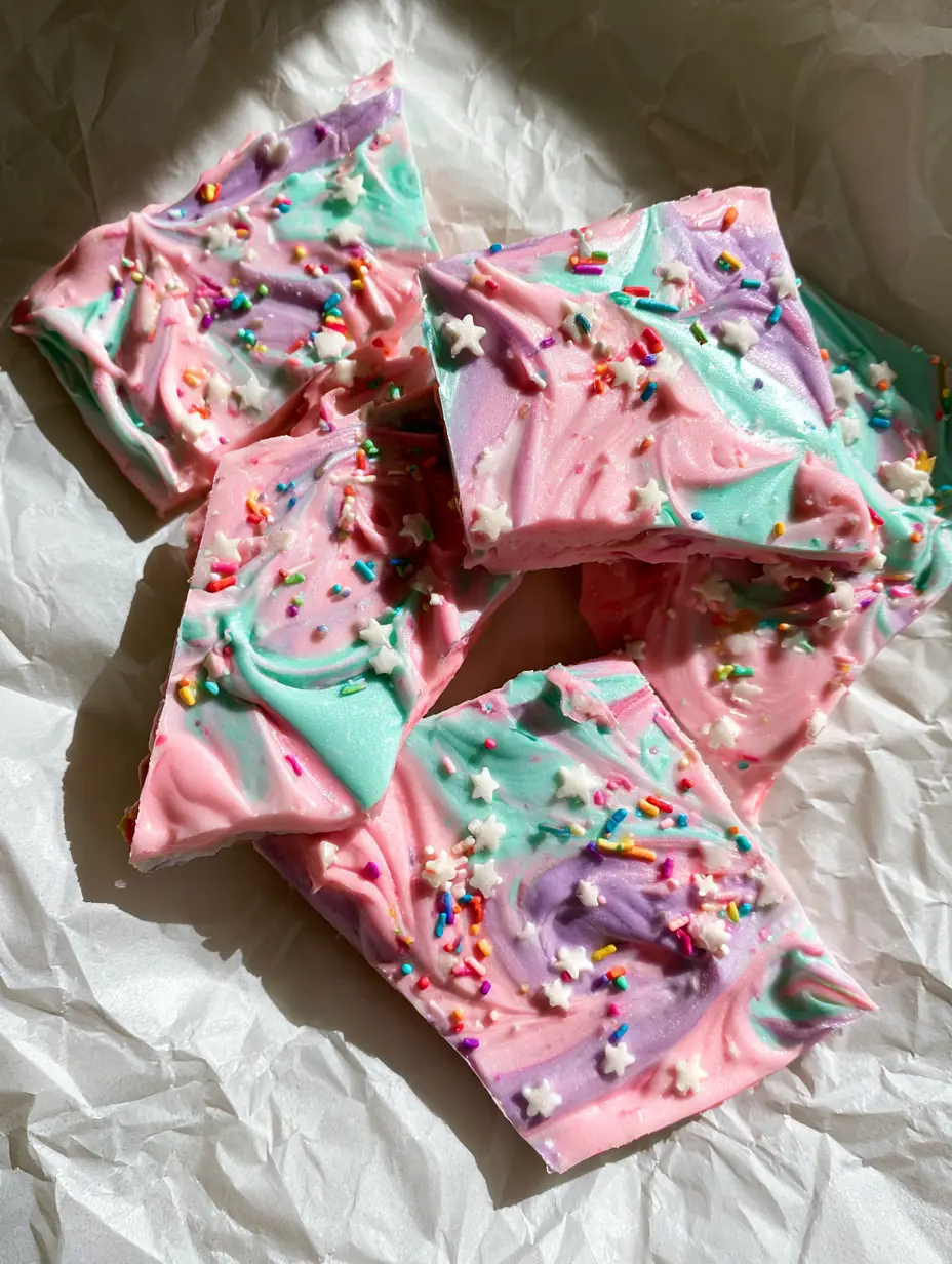 Draufsicht auf gefrorene Joghurt-Scherben mit Pastell-Swirls in Pink und Teal. (einhorn-joghurt-bark)