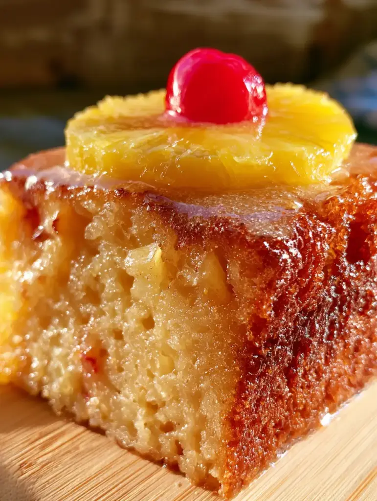 Draufsicht auf ein Ananas-brot mit karamellisierten Rändern und leuchtend gelben Ananasringen.