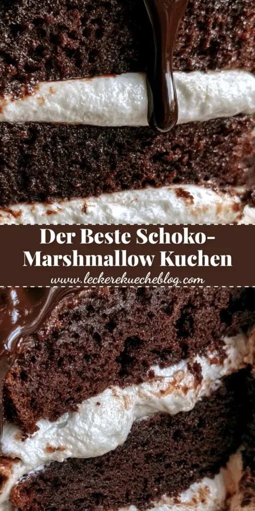 Nahaufnahme eines hohen Stücks Schoko-Marshmallow-Kuchen mit drei Schichten Schokobiskuit und weißer Füllung.
