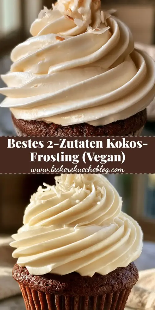 Kokosmilch-Frosting: Das ultimative Rezept für standfeste und samtige Kokoscreme 4 Nahaufnahme eines Schokoladen-Cupcakes mit einem hohen Wirbel aus weißem Kokosmilch-Frosting und Kokosraspeln auf Marmor. (kokosmilch-frosting)