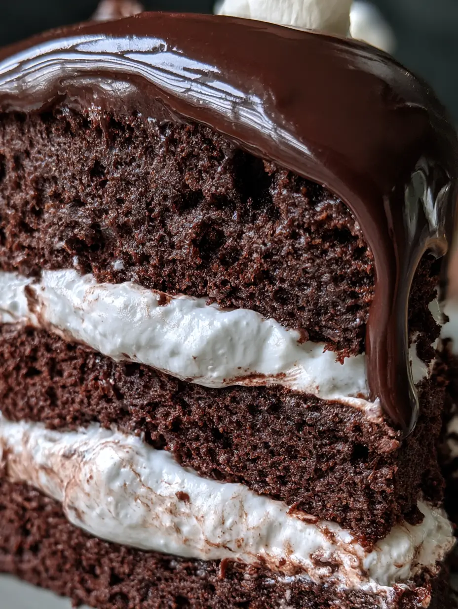 Detailansicht der saftigen Krume und der dicken Marshmallow-Schicht. (schoko-marshmallow-kuchen)