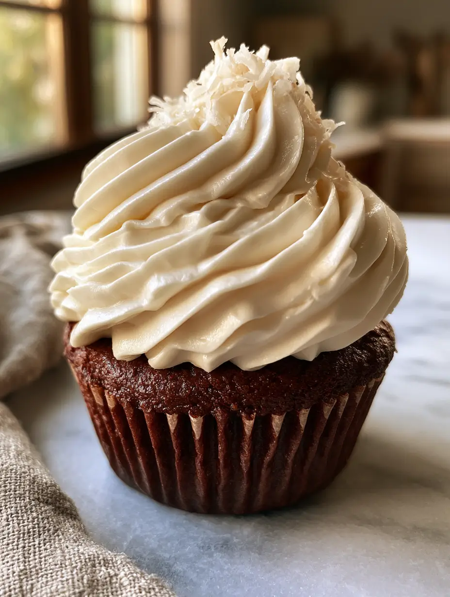 Kokosmilch-Frosting: Das ultimative Rezept für standfeste und samtige Kokoscreme 3 Handgehaltene Smartphone-Fotografie eines Schokoladen-Cupcakes mit definiertem Kokosmilch-Frosting im natürlichen Fensterlicht. (kokosmilch-frosting)