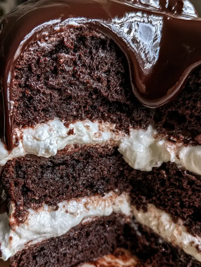 Dunkle Schokoladenglasur, die glänzend am Kuchen herunterläuft. (schoko-marshmallow-kuchen)