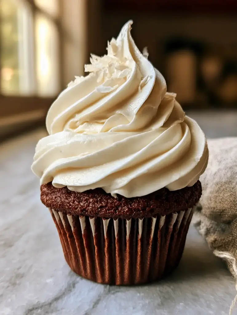 Kokosmilch-Frosting: Das ultimative Rezept für standfeste und samtige Kokoscreme 1 Professionell gespritztes Kokosmilch-Frosting auf einem dunklen Cupcake-Boden, bestreut mit organischen Kokosflocken.