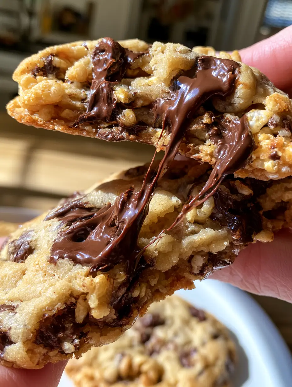 Hand, die einen dicken Rice Krispie Cookie auseinanderzieht, wobei Schokoladenfäden und Puffreis-Textur sichtbar sind.