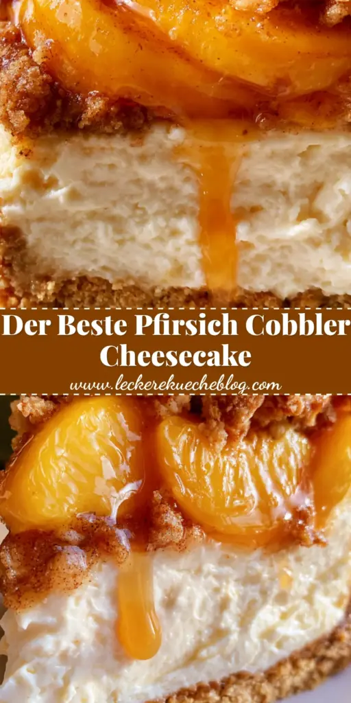 Pfirsich-Cobbler Cheesecake: Der ultimative Sommer-Traum mit knusprigen Streuseln 4 Nahaufnahme eines hohen Stücks Pfirsich-Cobbler Cheesecake mit glänzenden Pfirsichen und großen Streuseln auf einem weißen Teller. (pfirsich-cobbler cheesecake)