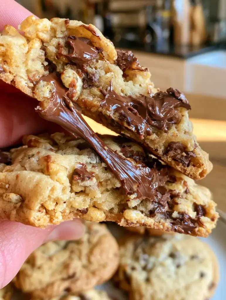 Frisch gebackene Rice Krispie Cookies mit goldbraunen Rändern in einer hellen Küche.
