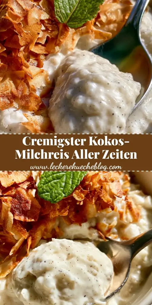 Nahaufnahme von cremigem Kokos-Milchreis in einer Keramikschale mit gerösteten Kokosflocken und Minze. (kokos-milchreis)