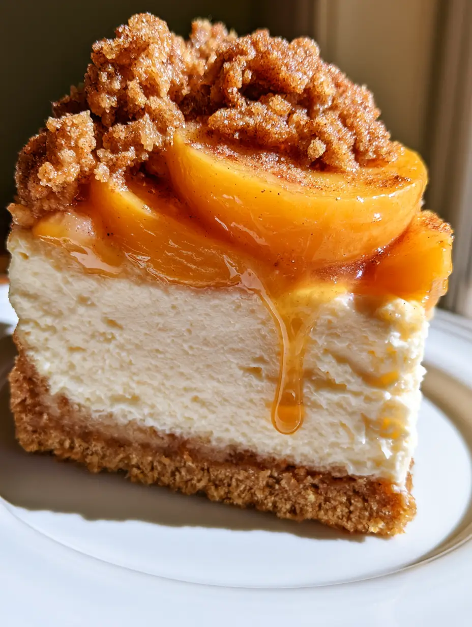 Pfirsich-Cobbler Cheesecake: Der ultimative Sommer-Traum mit knusprigen Streuseln 3 Makro-Aufnahme der cremigen elfenbeinweißen Füllung und der schimmernden Zimtglasur eines Pfirsich-Cobbler Cheesecakes. (pfirsich-cobbler cheesecake)