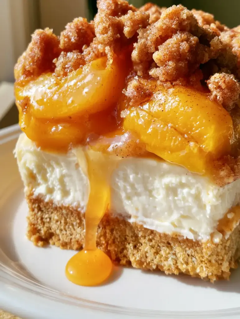 Pfirsich-Cobbler Cheesecake: Der ultimative Sommer-Traum mit knusprigen Streuseln 1 Detailansicht der goldbraunen Streusel und des bernsteinfarbenen Sirup-Drips am Rand eines Cheesecakes.