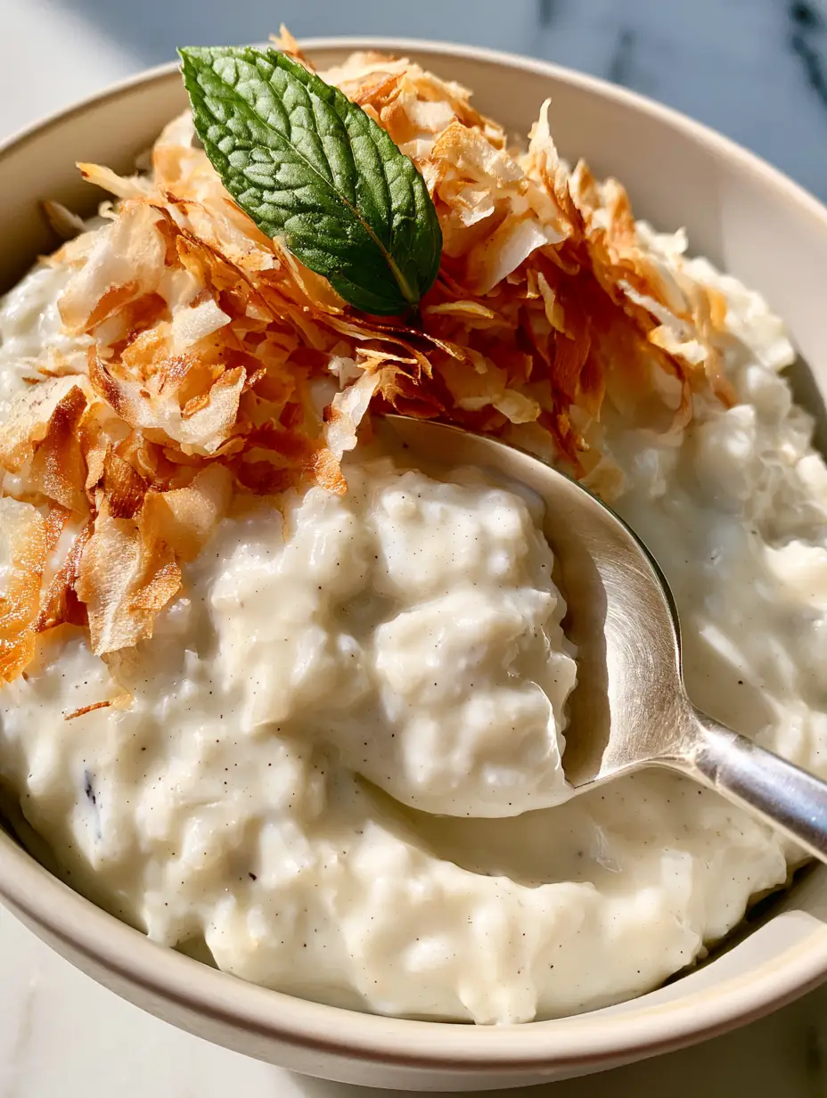 Top-down Ansicht von Kokos-Milchreis mit sichtbaren Vanillepunkten und einem silbernen Löffel. (kokos-milchreis)