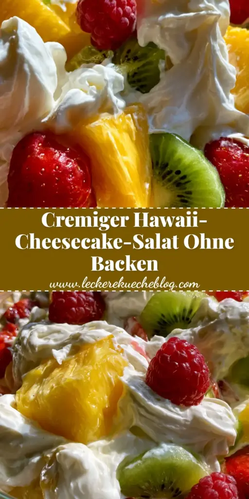 Nahaufnahme eines Hawaii-Cheesecake-Salats in einer Glasschüssel mit Ananas, Kiwi und Beeren auf einem Holztisch.