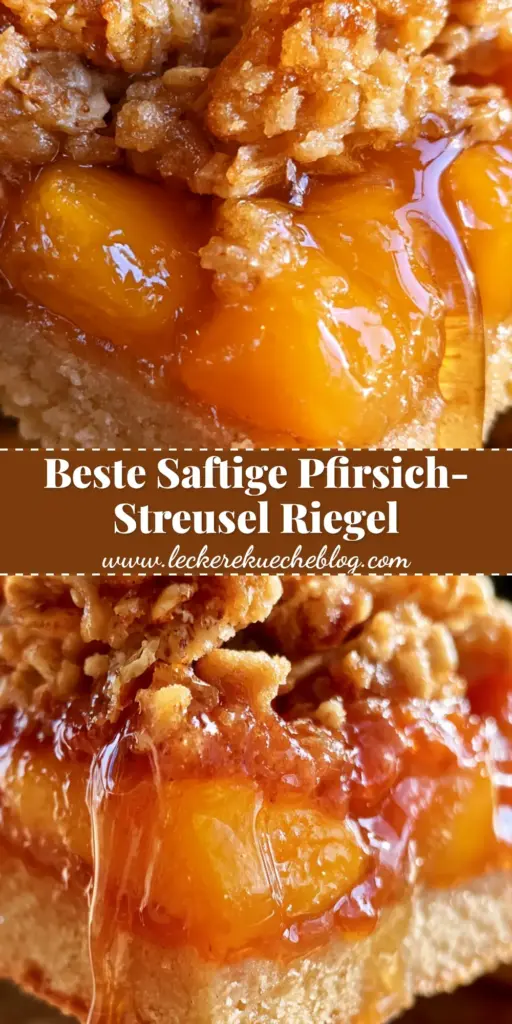Ein einzelner, dicker Pfirsich-Streuselkuchen-Riegel mit Honig-Glasur und Haferflocken-Crunch vor rustikalem Hintergrund. (pfirsich-streuselkuchen-riegel)
