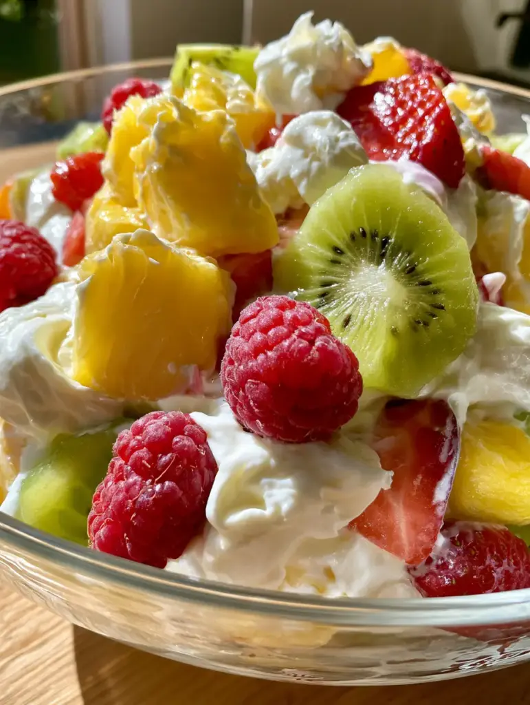 Ein Löffel taucht in den bunten Hawaii-Cheesecake-Salat ein, der in einer klaren Schüssel serviert wird.