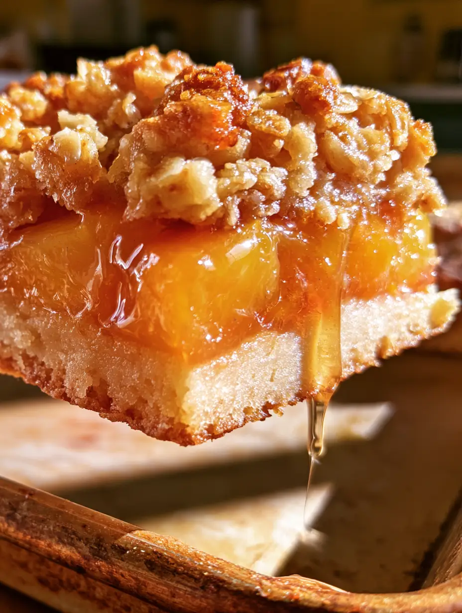 Nahaufnahme eines Pfirsich-Streuselkuchen-Riegels mit goldenen Haferflocken-Streuseln und saftigen Fruchtstücken. (pfirsich-streuselkuchen-riegel)