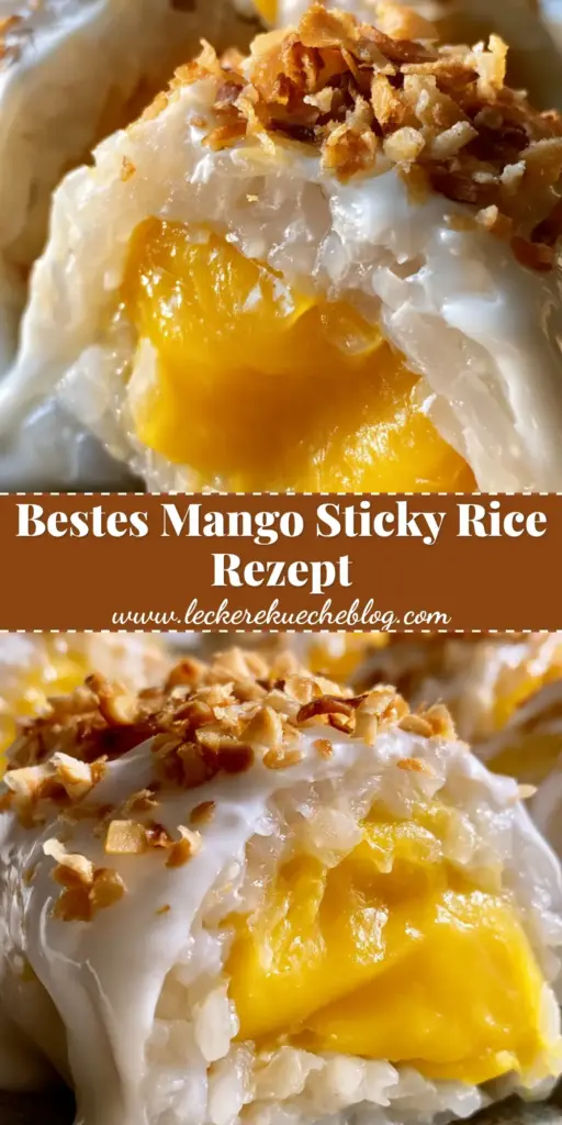 Nahaufnahme von thailändischen Mango-Sticky-Rice-Rollen mit tropfender Kokoscreme und gerösteten Kokosflocken auf einem rustikalen Teller. (mango-sticky-rice-rollen)