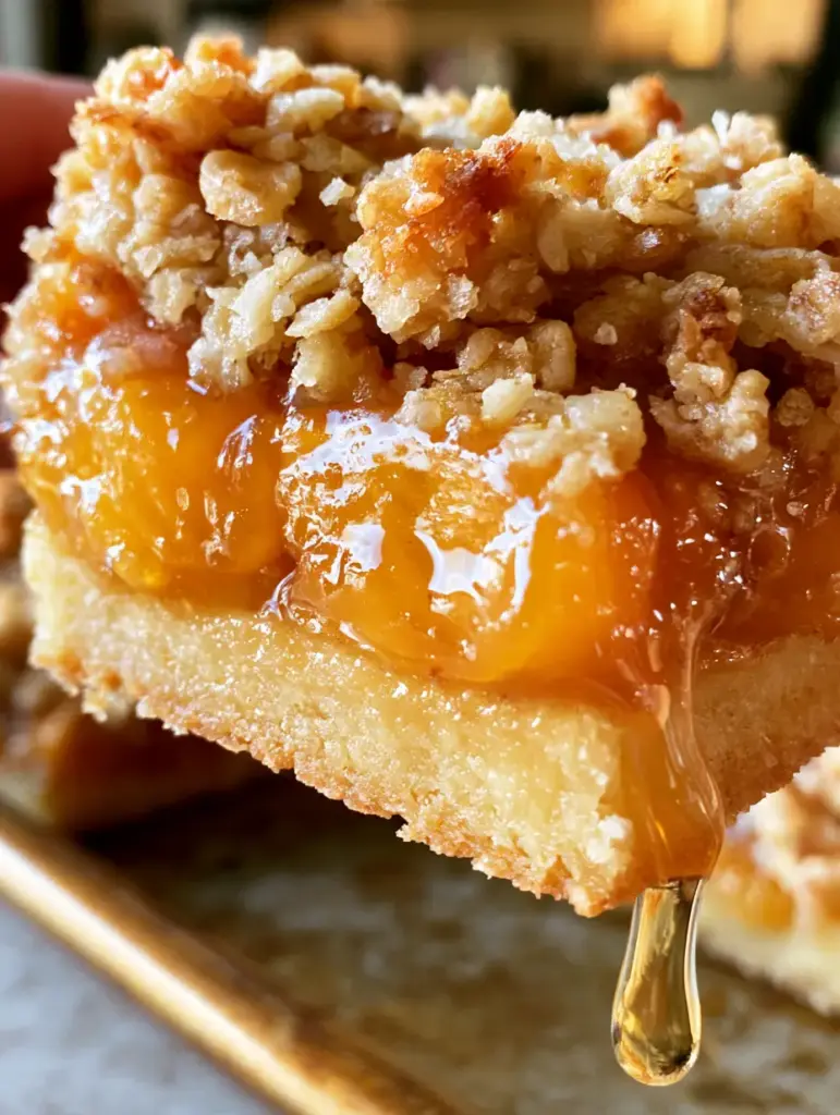 Pfirsich-Streuselkuchen-Riegel in der Hand gehalten mit flüssiger Honig-Glasur, die an der Seite herunterläuft.