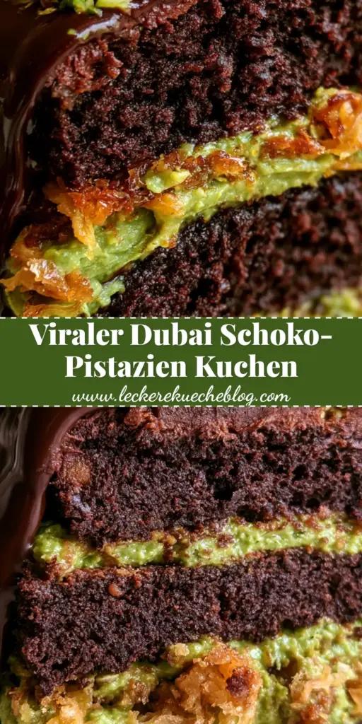 Ein dickes Stück Dubai Schokoladen-Pistazien-Kuchen mit drei Schichten und fließender Ganache. (dubai schokoladen-pistazien-kuchen)