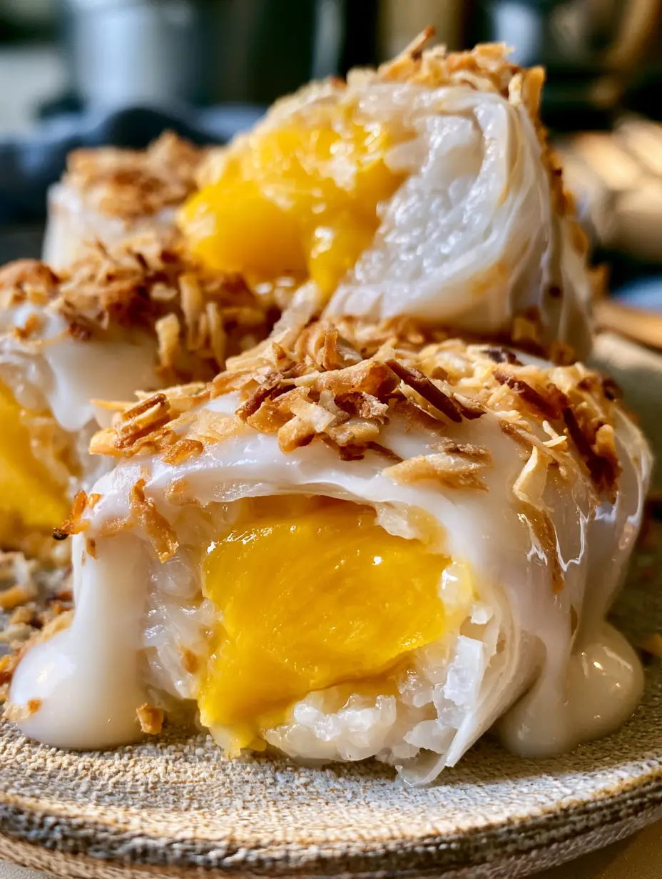 Extreme Close-up von Mango-Sticky-Rice-Rollen mit transluzentem Reis und leuchtend gelber Mango im Anschnitt. (mango-sticky-rice-rollen)