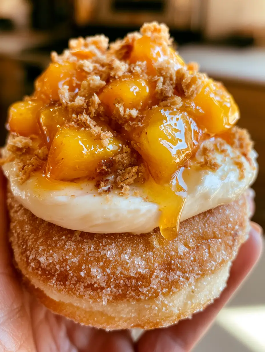 Pfirsich-Cobbler Cheesecake Donuts: Das ultimative Rezept für Gourmet-Genuss 3 Nahaufnahme eines flauschigen Donuts mit funkelndem Zucker und gold-orangenen Pfirsichstücken. (pfirsich-cobbler cheesecake donuts)