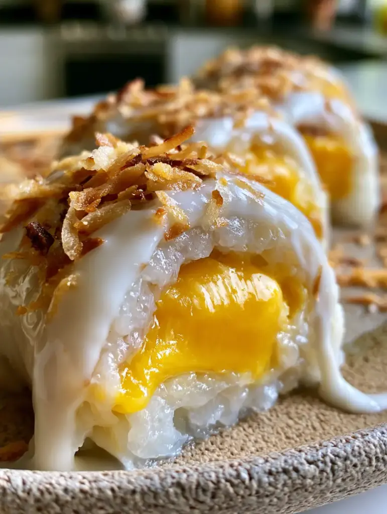 Draufsicht auf die Mango-Sticky-Rice-Rollen mit goldbraun gerösteten Kokosflocken im hellen Tageslicht.