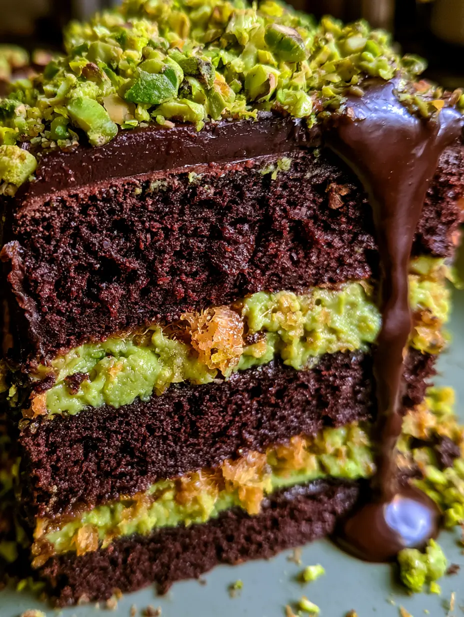 Nahaufnahme einer Kuchenschicht mit neon-grüner Pistaziencreme und knusprigem Kunafa. (dubai schokoladen-pistazien-kuchen)