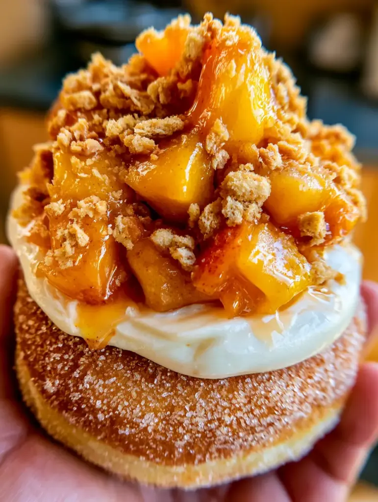 Pfirsich-Cobbler Cheesecake Donuts: Das ultimative Rezept für Gourmet-Genuss 1 Handgehaltener Pfirsich-Cobbler Cheesecake Donut vor einem verschwommenen Küchenhintergrund.
