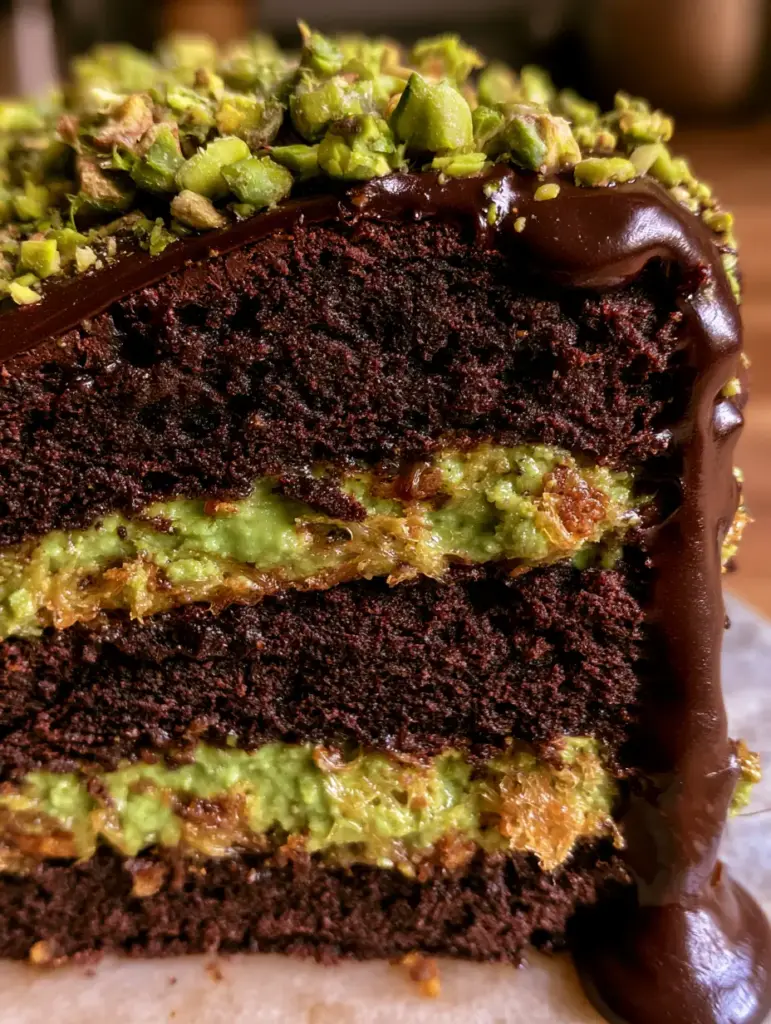 Detailansicht der glänzenden Schokoladen-Ganache und der gehackten Pistazien auf dem Kuchen.