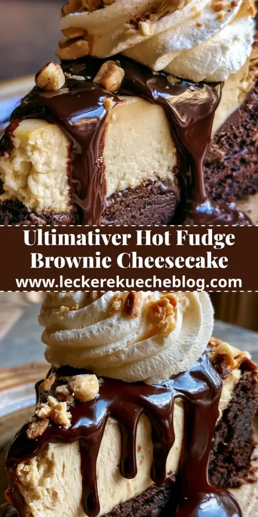 Ein dickes Stück hot fudge brownie cheesecake auf einem rustikalen Teller mit glänzender Schokosauce und Kirsche.