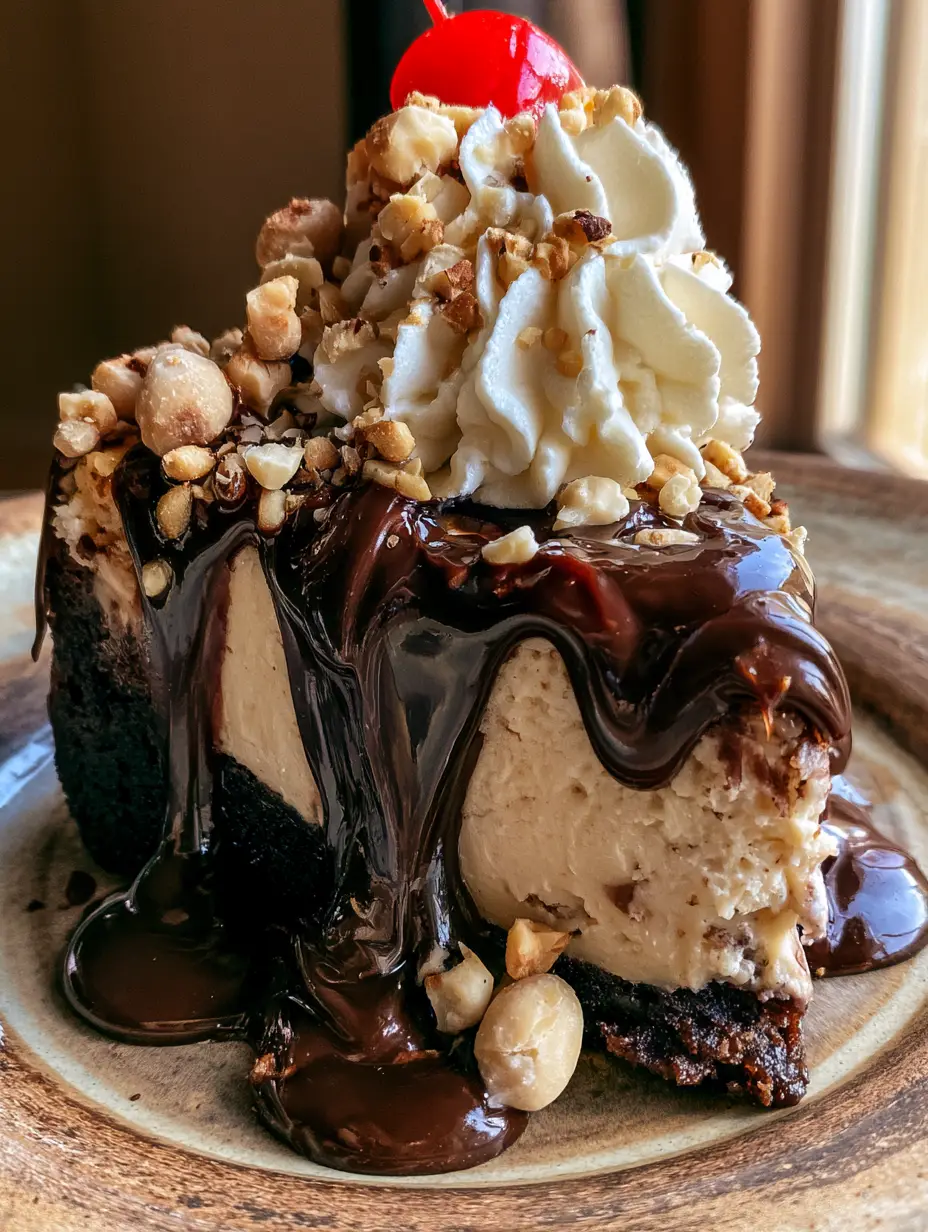 Nahaufnahme einer Scheibe hot fudge brownie cheesecake mit fließender Schokosauce und Sahne.