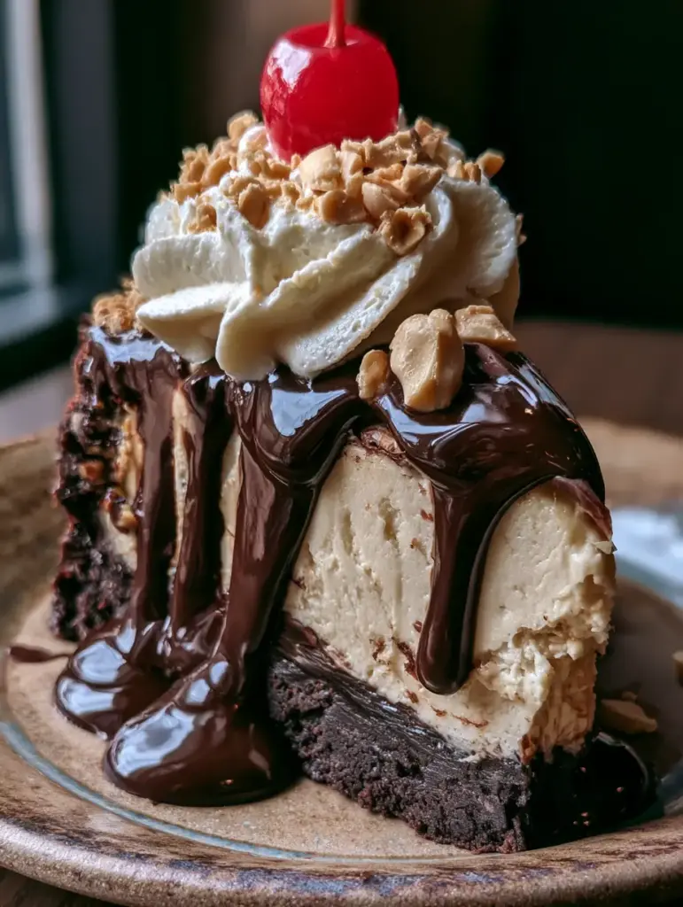 Seitenansicht des hot fudge brownie cheesecake mit Fokus auf die Schichten und die Erdnuss-Toppings.