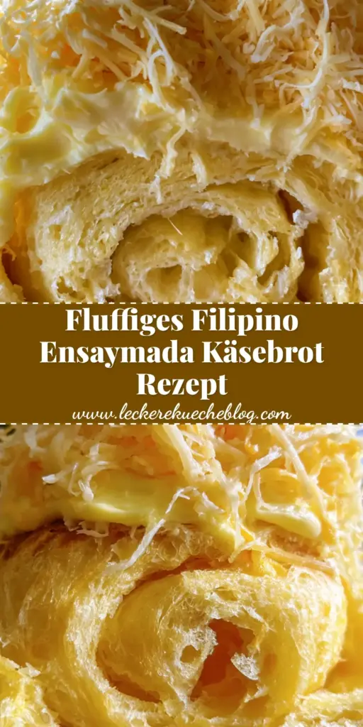 Nahaufnahme einer filipino ensaymada mit einer massiven Schicht geriebenem Käse und Buttercreme auf einem rustikalen Holztisch.