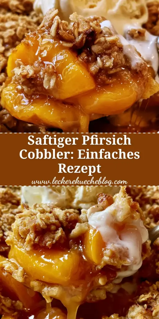 Ein hausgemachter pfirsich cobbler in einer weißen Keramikform, serviert mit einer Kugel schmelzendem Vanilleeis.