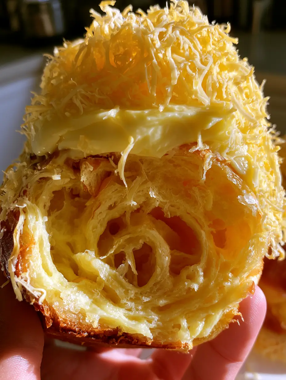 Extrem-Nahaufnahme einer filipino ensaymada, die mit der Hand auseinandergezogen wird und das fluffige, goldgelbe Innere mit Lufttaschen zeigt.