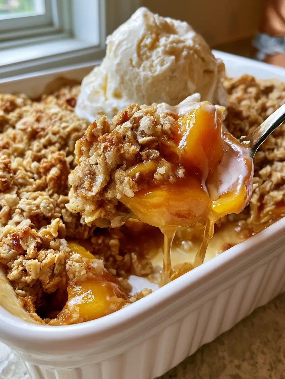 Nahaufnahme einer Portion pfirsich cobbler mit dampfenden Pfirsichen und goldbrauner Haferflockenkruste.