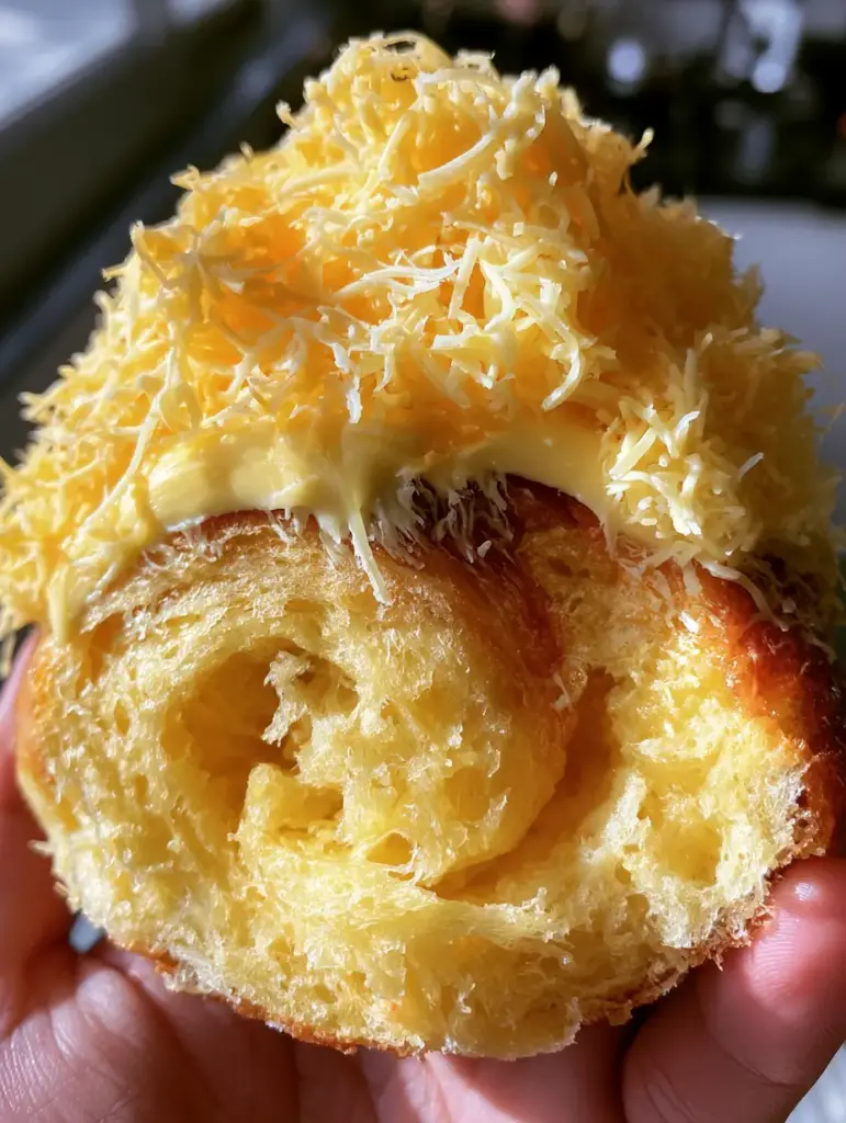 Detailansicht der Buttercreme und der turmhohen Schicht aus fein geriebenem Cheddar und Edamer auf einer filipino ensaymada.