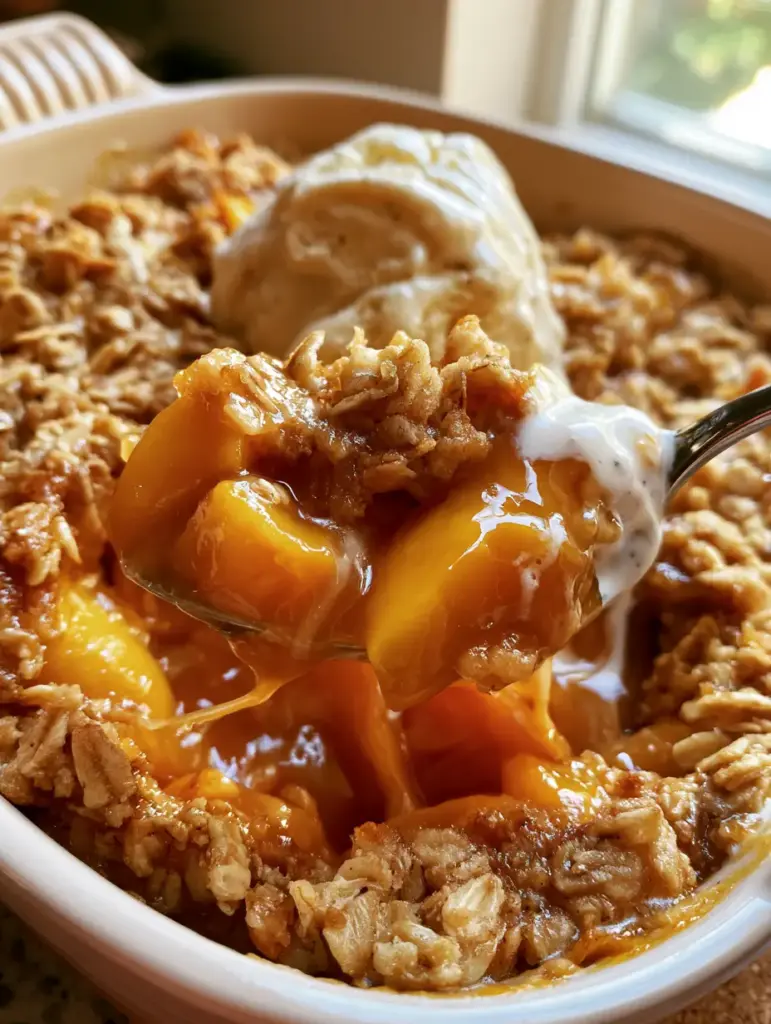 Pfirsich Cobbler direkt aus dem Ofen in einer weißen Auflaufform bei natürlichem Tageslicht.