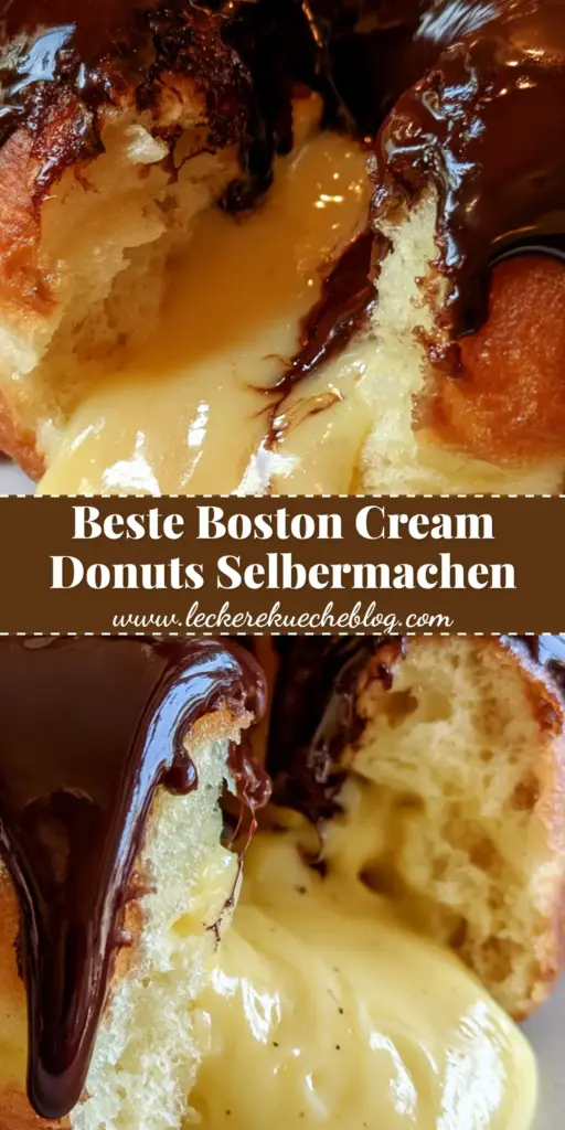 Ein makro Shot eines aufgeschnittenen boston cream donuts mit herausfließender Vanillecreme und glänzender Schokoglasur.