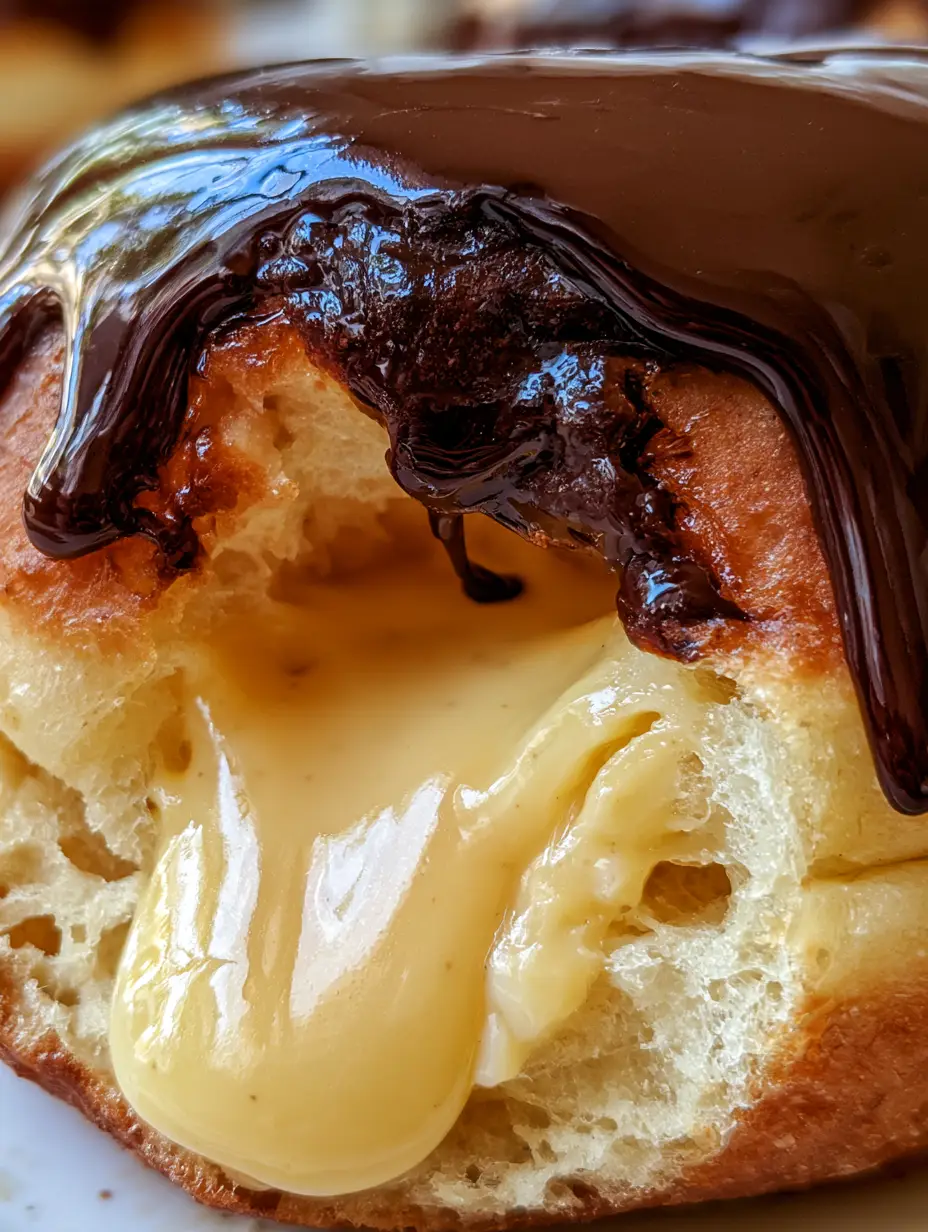 Nahaufnahme eines hausgemachten boston cream donuts in natürlichem Morgenlicht.