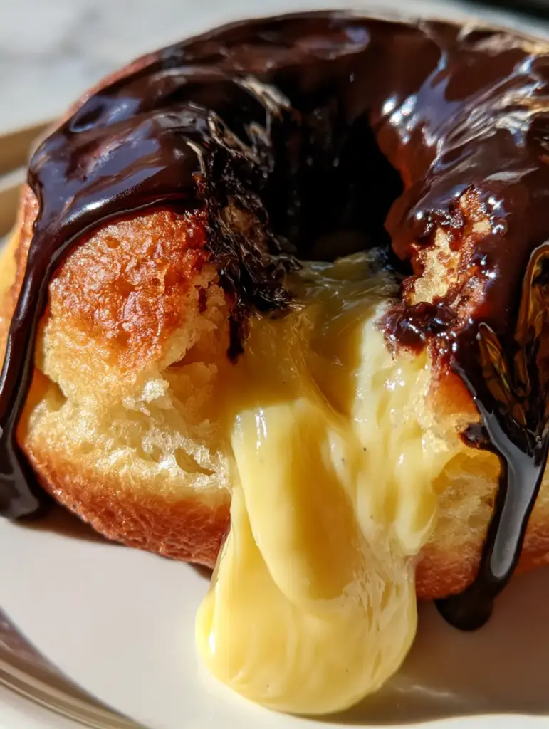 Ein Boston Cream Donut wird auseinandergezogen, cremiger Vanillepudding fließt heraus.