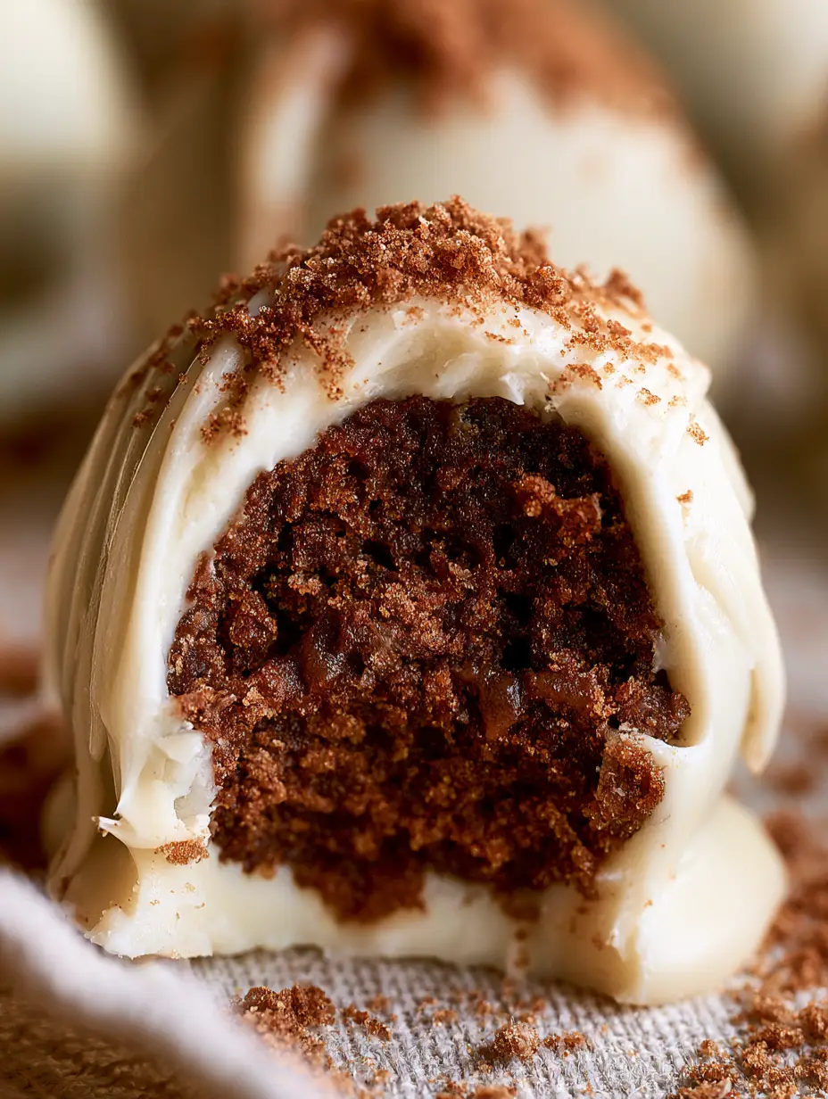 Handgehaltenes Smartphone-Foto einer Lebkuchen-Praline mit cremiger Textur und Gewürzen. (lebkuchen-pralinen)