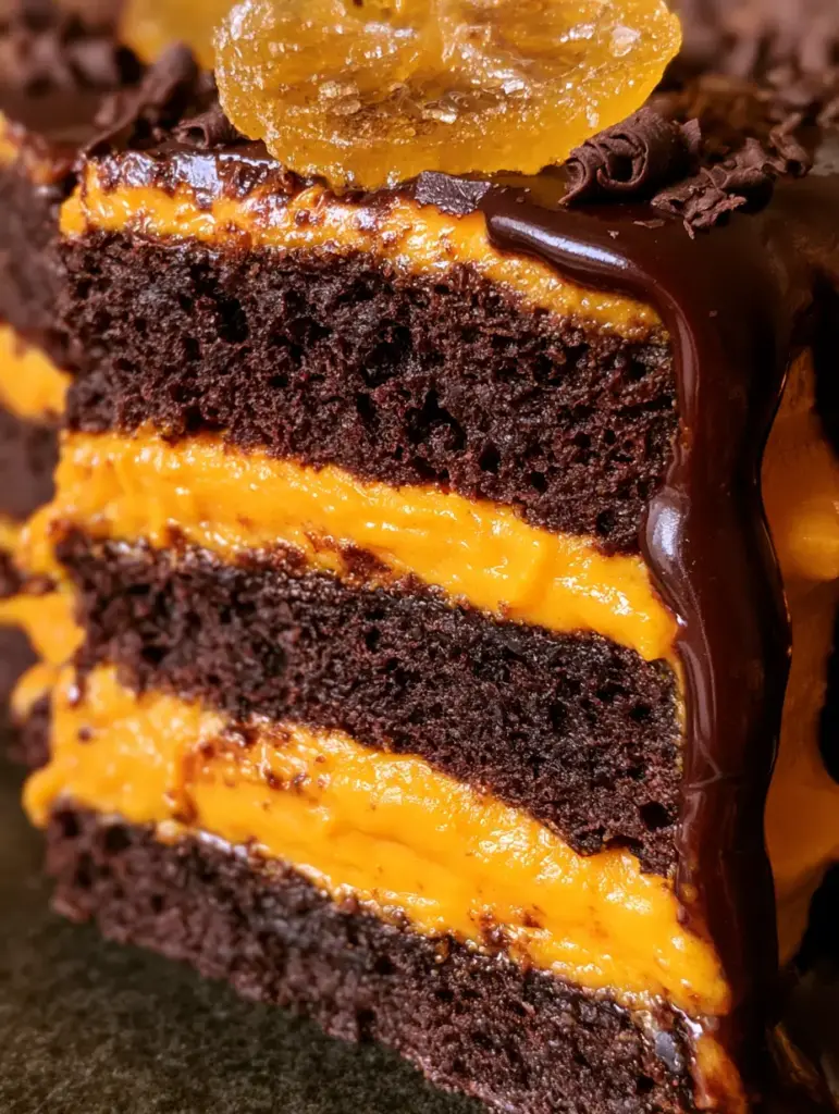 Seitenprofil einer Schoko-Orangen-Schichttorte zeigt die drei porösen dunklen Schichten und die vibrierenden orangen Cremefüllungen.