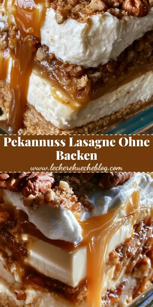 Nahaufnahme einer Pekannuss-Lasagne in einer Glasform mit sichtbaren Schichten und fließendem Karamell. (pekannuss-lasagne)