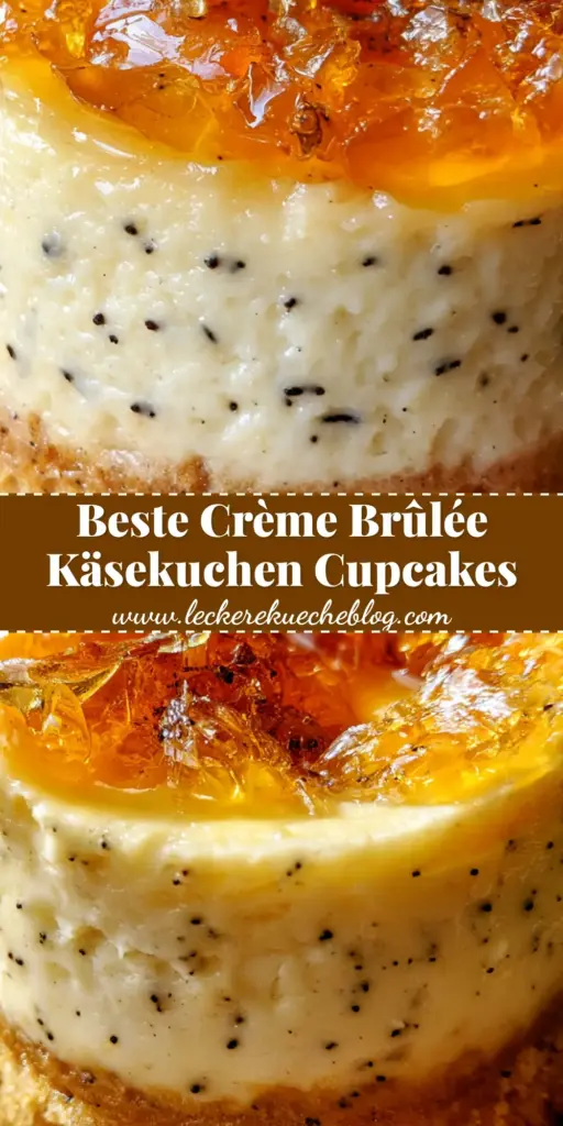 Ein Gourmet Crème-Brûlée-Käsekuchen-Cupcake mit einer gläsernen Zuckerkruste und sichtbaren Vanillesamen in einem weißen Muffin-Förmchen. (crème-brûlée-käsekuchen-cupcakes)