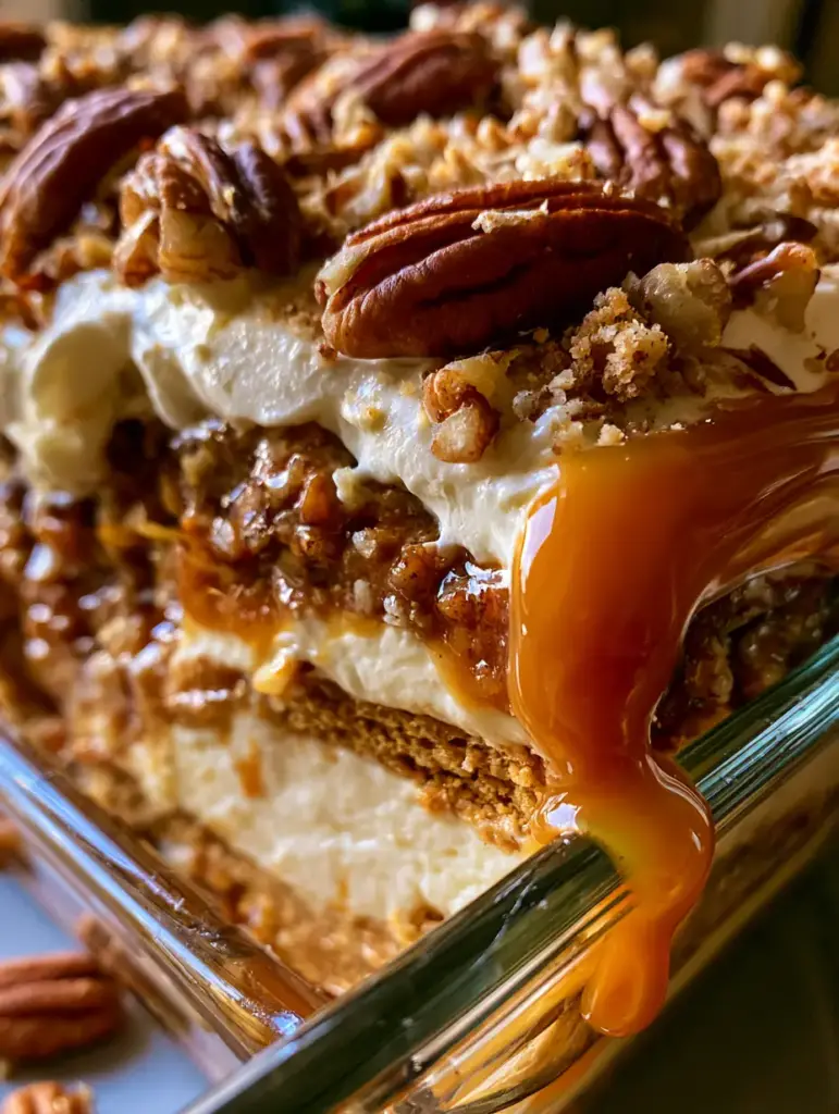 Seitliche Detailaufnahme des herablaufenden Karamells bei der Pekannuss-Lasagne.