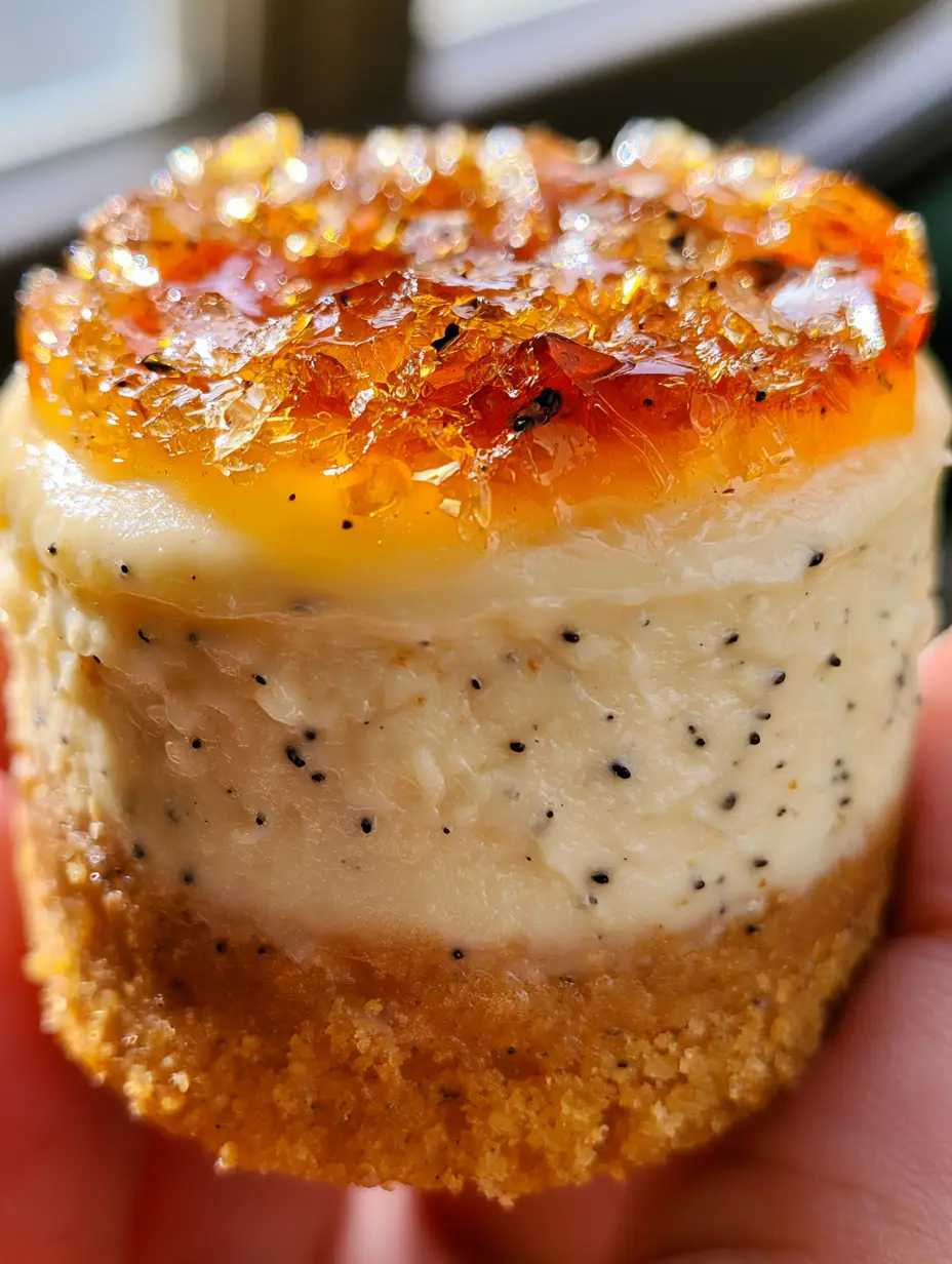 Nahaufnahme eines Crème-Brûlée-Käsekuchen-Cupcakes in der Hand, der die kristallinen Zuckerscherben und den cremigen Käsekuchen mit Vanillesamen zeigt. (crème-brûlée-käsekuchen-cupcakes)