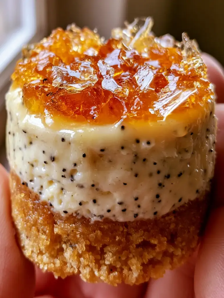 Detailansicht der bernsteinfarbenen Kruste und der elfenbeinfarbenen Käsekuchenschicht eines Cupcakes bei natürlichem Tageslicht. (crème-brûlée-käsekuchen-cupcakes)