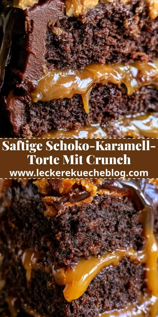 Nahaufnahme eines Stücks Schoko-Karamell-Torte mit flüssigem Karamell und Toffee-Stücken.