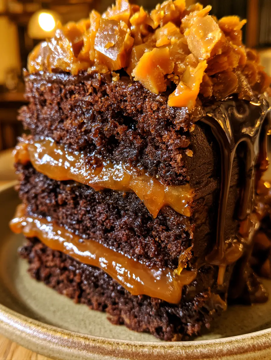 Extremes Close-up eines Tortenstücks der Schoko-Karamell-Torte mit fließendem Goldkaramell. (schoko-karamell-torte)