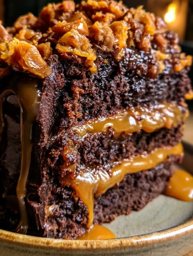 Detailaufnahme der dunklen Ganache und der glänzenden Karamell-Drips auf der Schoko-Karamell-Torte.